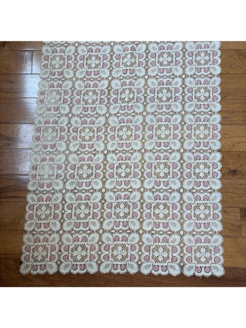 VTG Lace Table Runner Champagne & Pink Sheer Crochet 22X60